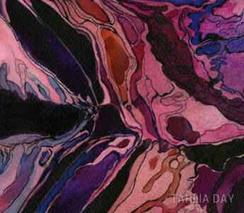 wrk: "Captain's Lay Back" (Verse) — Strange Horizons 8 December 2025 ; img: painting by Tahlia Day incorporating watercolor and ink that shows variations of pink, purple, orange, and black mingling like topography
