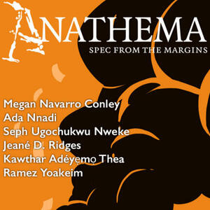 wrk: "Voyagings" (Tale) — Anathema Issue #14 ; img: CJ Tanuan's "Burn Out," on a light orange background, a cloud of black smoke rises from the head of a figure out of view while apers float around beside it