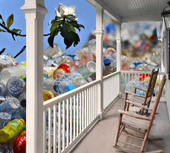 wrk: "Porch Pull Up Ep. 204" (Tale | edited by Joyce Chen & Naomi Day) — Seventh Wave's Issue 18: Radical Futurity ; img: art created by Seventh Wave's Art Director Meg Sykes: a railed porch attended by rocking chairs looking out at piles of plastic