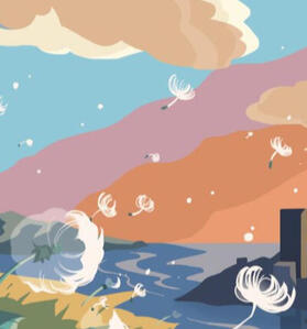 wrk: "Writing the Space Between Here and Elsewhere: Interviews with Jennifer Hudak and Shingai Njeri Kagunda" (edited by Zhui Ning Chang) — khōréō's Five-Year Anniversary Series ; img: above wavy water, blowball seeds drifting towards towers, into clouds